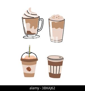 Illustration verschiedener Kaffeegetränke für Menügestaltung und Café-Werbung. Stock Vektor