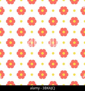 Nahtloses Blumenmuster mit Korallenblumen mit gelben Mitten im flachen Cartoon-Stil auf weißem Hintergrund. Vektor Stock Vektor