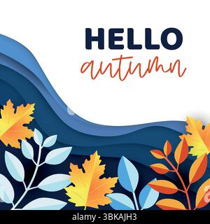 Farbenfrohe Herbstblätter mit blauem Wellenhintergrund und dem Text „Hallo Herbst“. Das Design verfügt über verschiedene Blattformen in Orange, Gelb und Blau Stock Vektor