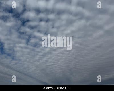 Mehrschichtige Altocumulus-Wolken bedecken den Himmel mit strukturierten Mustern und sanften Schatten. Stockfoto