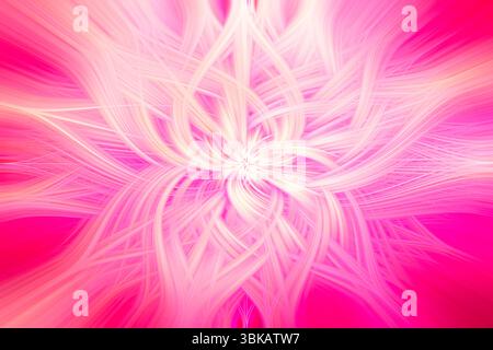 Abstrakte leuchtende rosa und weiße Lichtlinien bilden ein blumiges künstlerisches Muster Stockfoto