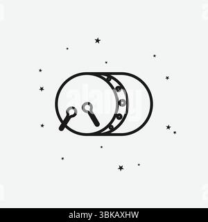 Schlagzeug mit Drumsticks und verstreuten Sternen, die islamische Musik oder Celebration darstellen, White Outline Icon Stock Vektor