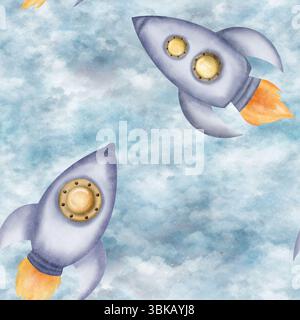Schöne graue Weltraumraketen, Raumschiffe auf wolkenblauem Hintergrund, nahtloses Muster. Digitale Illustration mit Aquarell Stockfoto