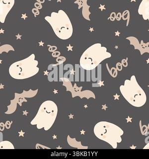 Buh-Geist und Fledermaus nahtlose Vektormuster in niedlichem Halloween-Stil mit Sternen und dunklem Hintergrund. Vektorabbildung Stock Vektor