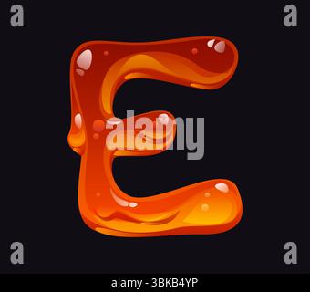 Flüssiger Honigcartoon Schriftart Buchstabe E. Süße Süßigkeiten Schriftart Zeichen, flüssiger Honigcartoon Vektor Englisch Alphabet Schriftart Element. Gelbes karamellisches ABC-Symbol oder gelber Buchstabe für den Fluss Stock Vektor