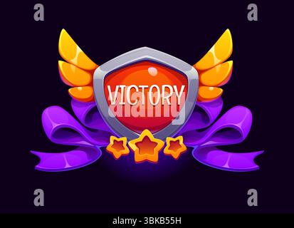 Symbol für das Siegerspiel, ui-Abzeichen. Die Trophäe für den Cartoon-Vektor mit Metallschild, Gold mit Flügeln und Sternen und einem lila Band für digitale Spiele, Belohnung und Erfolg im Gaming Stock Vektor