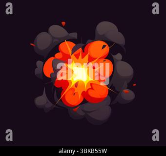 Comic-Bombenexplosion, Comic-Feuer und Rauch-Boom-Wolke. Vektor leuchtendes Orange und Gelb, Explosionsangriff auf Dynamit, dynamischer atomarer Kriegseinschlag umgeben von schwarzen Rauchwolken Stock Vektor