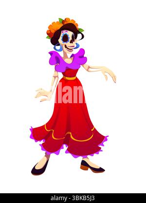 Day of the Dead Catrina Tänzerin Weihnachtsfigur, weibliches Skelett in einem traditionellen rot-violetten Day of the Dead Outfit, Gesicht mit Zuckerschädelmuster verziert und trägt Ringelblumenkrone Stock Vektor