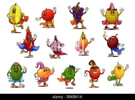 Cartoon groovige Halloween Zauberer Fruchtfiguren. Psychedelische Magie Feijoa, Karambola und Trauben, Litschi, Melone und Tamarillo. Groovige Grapefruit-, Pitahaya-, Jackfrucht- und Feigenmagier-Fruchtfiguren Stock Vektor