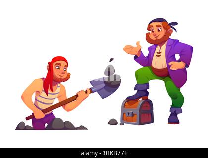 Cartoon-Piratenkapitän und Korsair-Matrose, die einen Schatz begraben. Vektorkapitän steht selbstbewusst in der Nähe einer Schatztruhe, eines Seemanns, eines Bootsführers oder eines Skippers, der ein Loch gräbt, um Beute im Holzstamm zu verstecken Stock Vektor