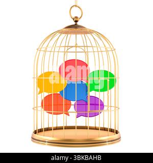 Bunte Sprechblasen im goldenen Vogelkäfig. Zensur, Einschränkung der Redefreiheit, Konzept. 3D-Rendering isoliert auf weißem Hintergrund Stockfoto