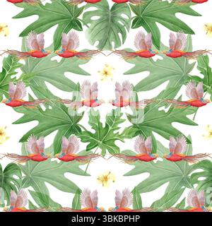 Goldene Fasane rote Vögel, gelbe Blumen und üppige grüne Blätter nahtloses Muster auf weiß. Handgemalte Aquarelle. Ideal für Mode und Wohnkultur Stockfoto