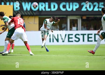 East Rutherford, USA. Juni 2025. Estevao of Palmeiras schießt während des Gruppenspiels zwischen Palmeiras aus Brasilien und Al Ahly FC aus Ägypten bei der FIFA Club-Weltmeisterschaft 2025 in East Rutherford, New Jersey, USA, am 19. Juni 2025. Quelle: Li Rui/Xinhua/Alamy Live News Stockfoto