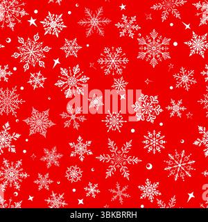 Nahtloses Weihnachtsmuster mit großen und kleinen Schneeflocken in verschiedenen Designs, weiß auf rotem Hintergrund. Stock Vektor