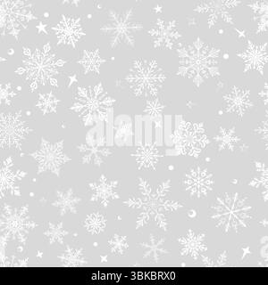 Nahtloses Weihnachtsmuster mit großen und kleinen Schneeflocken in verschiedenen Designs, weiß auf grauem Hintergrund. Stock Vektor