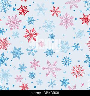 Nahtloses Weihnachtsmuster mit großen und kleinen Schneeflocken in verschiedenen Designs, farbig auf weißem Hintergrund. Stock Vektor