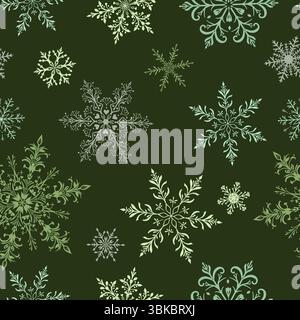 Nahtloses Weihnachtsmuster mit großen komplizierten Schneeflocken in verschiedenen Designs, weiß auf dunkelgrünem Hintergrund. Stock Vektor