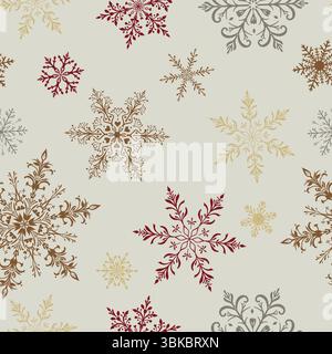 Nahtloses Weihnachtsmuster mit großen komplizierten Schneeflocken in verschiedenen Designs, braun auf beigem Hintergrund. Stock Vektor