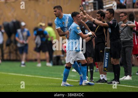 Rodri vom Manchester City FC ersetzt Phil Foden vom Manchester City FC während des Fußballspiels zwischen Manchester City FC und Wydad AC. Stockfoto