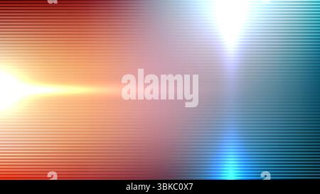 Abstrakter Hintergrund mit warmem Rot, Orange und kühlem Blau, horizontalen Linien mit hellgelbem und blauem Objektiv, das leuchtend, dynamisch wirkt Stock Vektor