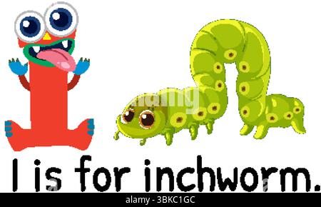 Bunte Vektor-Illustration des Buchstaben I und eines niedlichen Inchworm. Helles, verspieltes Design, geeignet für Lehrmaterialien Stock Vektor