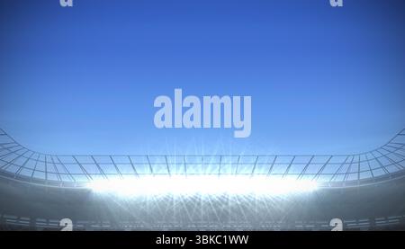 Stadionbeleuchtung und geschwungener Dachrahmen aus Metall strahlen über dunklen Sitzebenen in flachem Design Stockfoto