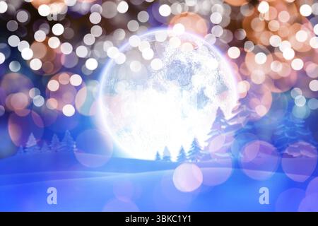 Riesiger glühender Mond erhebt sich über verschneite Hügel mit Tannen in flachem Design mit Bokeh Stockfoto