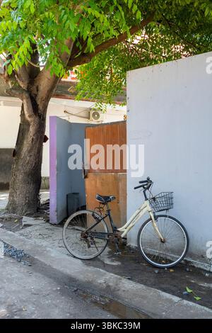 Das Fahrrad steht vor einem Haus. Das Fahrrad ist weiß und hat einen Korb. Die Szene spielt in einer Stadt mit einem Baum im Hintergrund Stockfoto