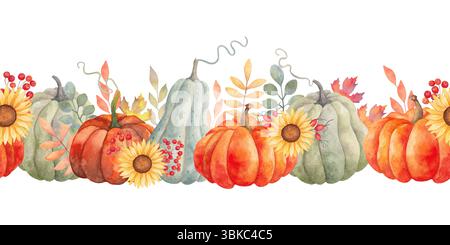 Horizontale nahtlose Herbstgrenze mit Kürbissen, Beeren und Sonnenblumen. Aquarellabbildung. Handgezeichnetes isoliertes botanisches Banner. Kunst für Stockfoto