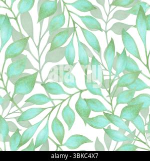 Nahtloses Muster mit anmutigen türkisfarbenen Blättern. Aquarellabbildung. Handgezeichnete botanische isolierte Kunst. Natürlicher Hintergrund, einfache Verzweigungen für Stockfoto