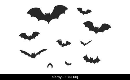 Schwarm von Fledermäusen, die im Wellenmuster fliegen. Schwarze Halloween-Silhouetten für gruselige Nachtszenen, Vampirhöhleneffekte oder gruselige Trennwände und Natursymbole. Vektorabbildung Stock Vektor