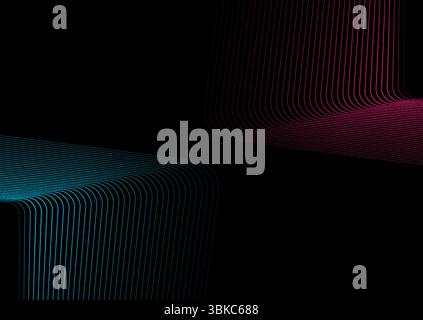 Blaue und lila dünne Linien abstrakter, futuristischer Hintergrund. Minimale lineare Quadrate auf Schwarz. Vector Digital Art Design Stock Vektor