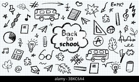 Holzkohle-Schulkritzeleien auf Notizblock-Laken in einem Käfig. Lustige handgezeichnete Symbole für Back-to-School-Themen. Niedlicher kindlicher Bildungsstift in Pastellfarben oder Wachsstift Stock Vektor