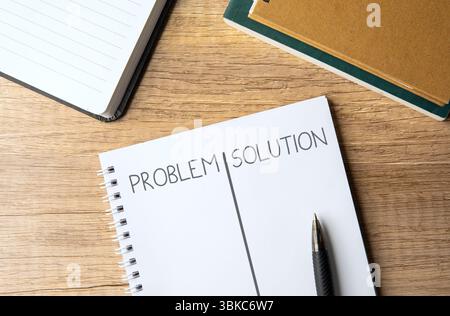 Ein offenes Notizbuch mit „PROBLEM und LÖSUNG“ auf den Seiten. Problemlösung, strategisches Denken, Brainstorming-Konzept. Stockfoto
