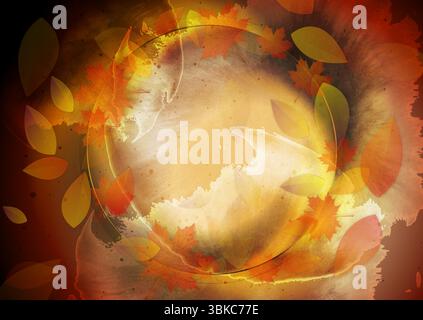 Grunge orange Herbst Herbst Saison Hintergrund mit Blätter und glänzenden Kreis. Vektordesign Stock Vektor