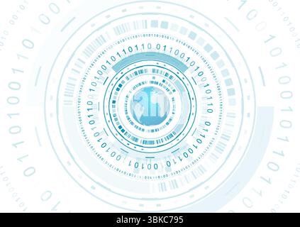 Technologischer Hintergrund mit Kugeldesign, geometrischen kreisförmigen Elementen und Binärcode. Futuristisches abstraktes Vektordesign Stock Vektor
