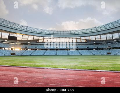 Das leere Stadion wird in flachem Design gezeigt, mit roter Bahn, grünem Feld, Sitzplätzen und geschwungenem Dach Stockfoto