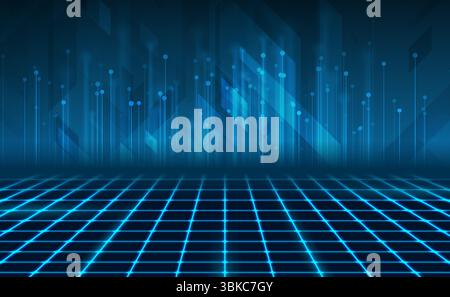 Blaues Retro-futuristisches Neon-Cyber-Grid mit abstraktem geometrischem Tech-Hintergrund. Verschwommene Leiterplattenlinien. Vektordesign für die Perspektive der Technologie Stock Vektor