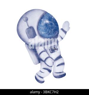 Schöner weißer und blauer Astronaut, Kosmonaut im Helm isoliert auf weißem Hintergrund. Digitale Illustration mit Aquarell Stockfoto