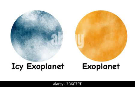 Set aus orangem und gelbem Exoplaneten, blau und weiß Icy Exoplaneten. Digitale Illustration mit Aquarell Stockfoto