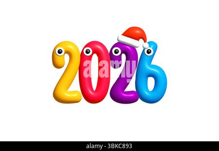 Lustige 2026 Charaktere mit Googly Eyes und Weihnachtsmütze für Kinder Holiday Dekor. Perfekt für kindliche Neujahrsprojekte, Lernspiele und niedlich Stock Vektor