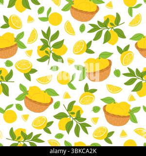 Nahtloses Muster mit gelben Zitronen. Ganz und in Scheiben geschnittene Früchte. Citron-Pflanzenzweig mit Blättern. Säuerliche saftige Zitrusstücke. Erntekorb im Garten. Re Stock Vektor