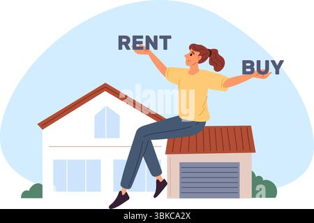 Die Frau entscheidet sich zwischen dem Mieten und dem Kauf eines Hauses. Auswahl an Mietwohnungen. Der Hausbesitzer hat Zweifel. Das Dilemma der Gebäudeauswahl. Immobilieninvestitionen. Pensiv Stock Vektor
