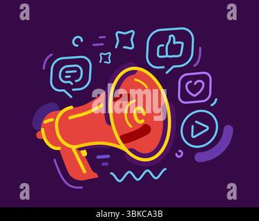 Digitales Megaphon mit Mediensymbolen. Internet-Kommunikation und -Einfluss, Live-Streaming, soziale Netzwerke Stock Vektor