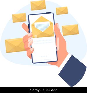 Die Hand hält das mobile Smartphone mit Nachrichten auf dem Bildschirm. Briefumschlag senden und empfangen. Online-Mailing. Telefon-E-Mail-Technologie. Gerät im Arm. SMS nicht Stock Vektor