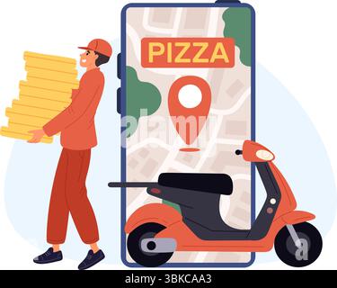 Liefermann mit großen Kisten Pizza und Roller. Smartphone-Navigations-App. Stadtplan. Position GPS-Pin. Zusteller mit Pizzeria-Bestellung. Kurier ein Stock Vektor