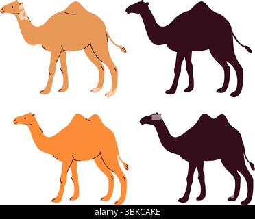 Kamel mit einem oder zwei Buckeln auf der Rückseite. Dromedar Dromedar. Arabische Reise und Transport. Sahara-Reise. Wilde und heimische afrikanische Mamma Stock Vektor