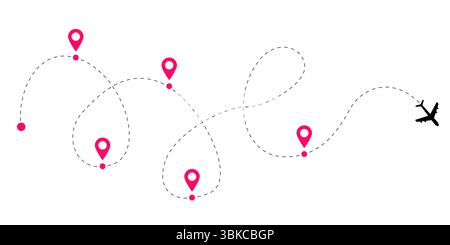 Sammlung von Flugstrecken mit gestrichelten und gepunkteten Flugwegen für die globale Flugzeugnavigation, die Luftfahrtortpfade und Flugreisen zeigt Stock Vektor