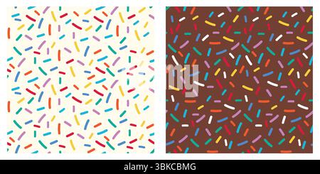 Regenbogen-Sprinkle-Donut-Muster mit nahtlosem Hintergrund mit süßer Glasur und bunten Süßigkeiten-Zucker-Vermicelli für lustige Bäckerei-Illustration und Stock Vektor