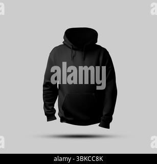 Schwarzes Hoodie-Modell 3D-Rendering, Vorderansicht, für Design, Druck, Muster, Branding. Mode Streetwear Vorlage mit Kapuze, Tasche, isoliert auf Backgro Stockfoto